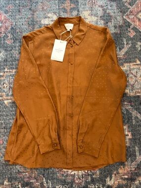 Sézane Ann Shirt 100% Silk Noisette Hazelnut Jacquard NWT FR 42 US 10